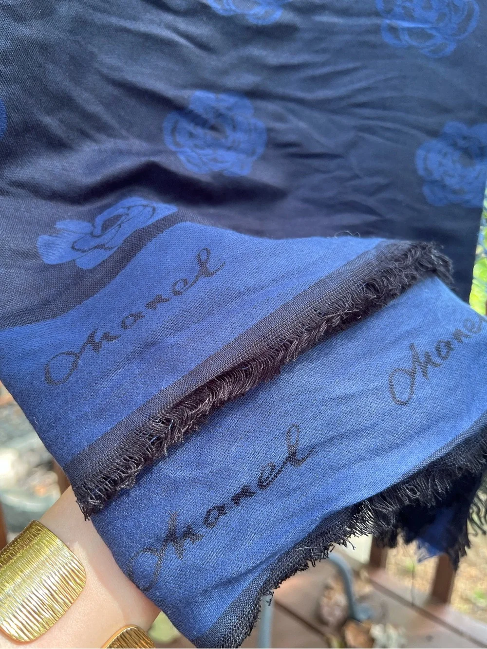 Chanel • Oversized Camellia Silk Wool Logo Scarf / Shawl – Navy Blue Spring 2012